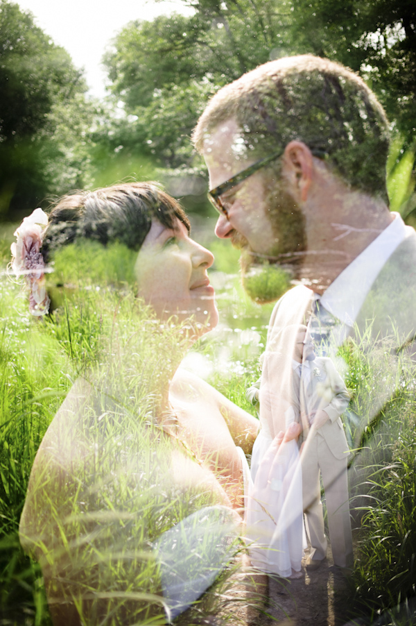 portrait of the newlywed with faded garden background-  wedding photo by top Portland, Oregon wedding photographer Aaron Courter